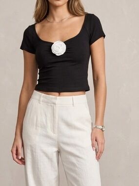 Scoop Neck Top with White Rose Accent